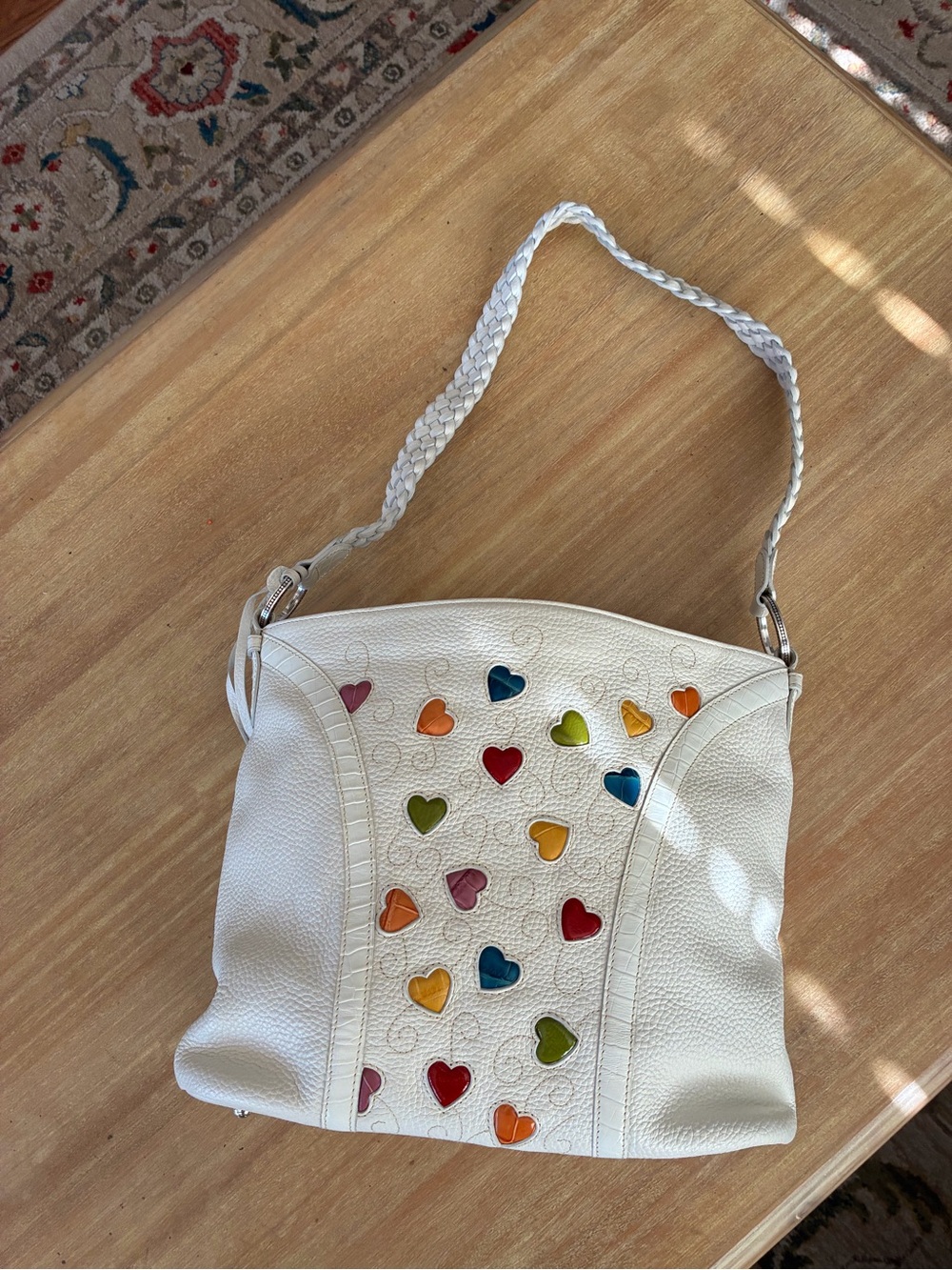Brighton White Leather Shoulder Bag with Multicolor Heart Accents